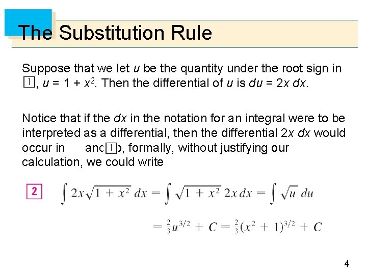 The Substitution Rule Suppose that we let u be the quantity under the root