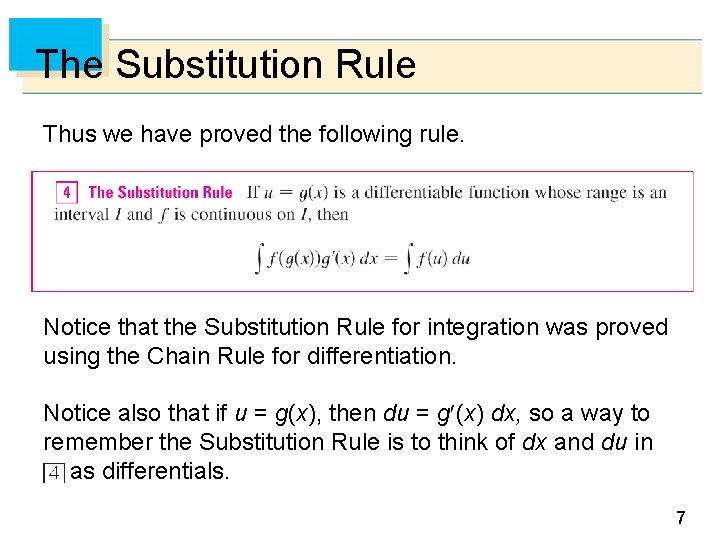 The Substitution Rule Thus we have proved the following rule. Notice that the Substitution