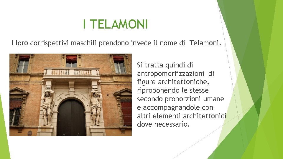 I TELAMONI I loro corrispettivi maschili prendono invece il nome di Telamoni. Si tratta
