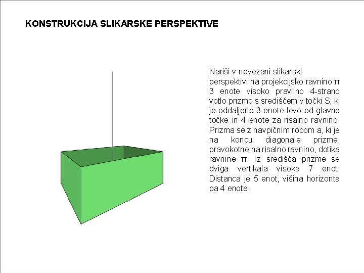 KONSTRUKCIJA SLIKARSKE PERSPEKTIVE Nariši v nevezani slikarski perspektivi na projekcijsko ravnino π 3 enote KONSTRUKCIJA SLIKARSKE PERSPEKTIVE Nariši v nevezani slikarski perspektivi na projekcijsko ravnino π 3 enote