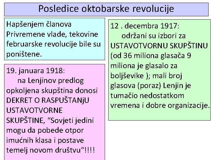 Posledice oktobarske revolucije Hapšenjem članova Privremene vlade, tekovine februarske revolucije bile su poništene. 19.