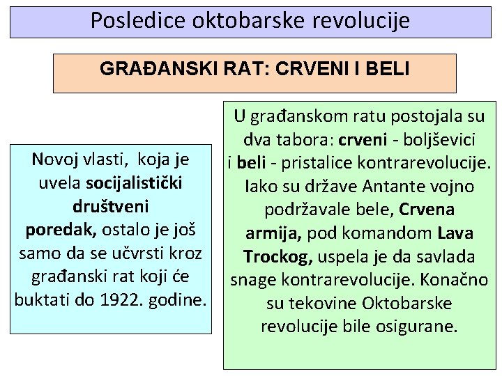 Posledice oktobarske revolucije GRAĐANSKI RAT: CRVENI I BELI Novoj vlasti, koja je uvela socijalistički