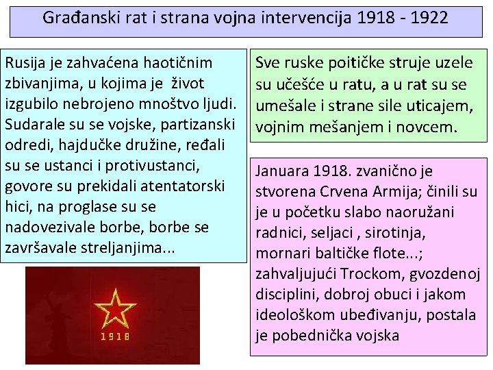 Građanski rat i strana vojna intervencija 1918 - 1922 Rusija je zahvaćena haotičnim zbivanjima,