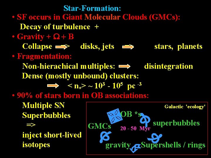  Star-Formation: • SF occurs in Giant Molecular Clouds (GMCs): Decay of turbulence +