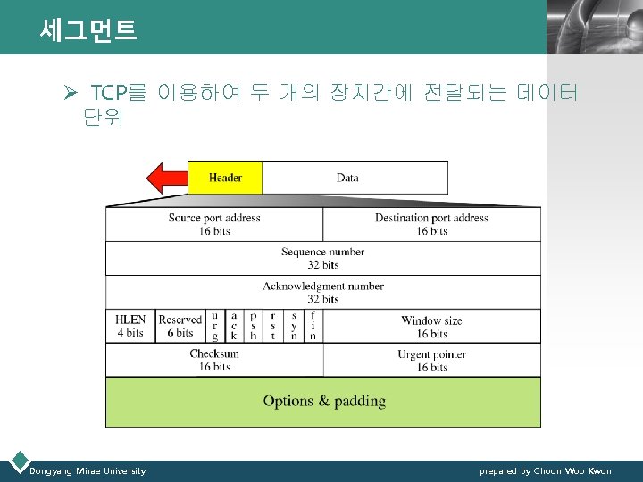 세그먼트 LOGO Ø TCP를 이용하여 두 개의 장치간에 전달되는 데이터 단위 Dongyang Mirae University