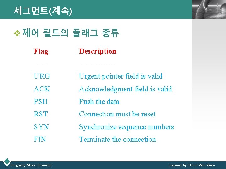 세그먼트(계속) LOGO v 제어 필드의 플래그 종류 Flag Description ---------- URG Urgent pointer field