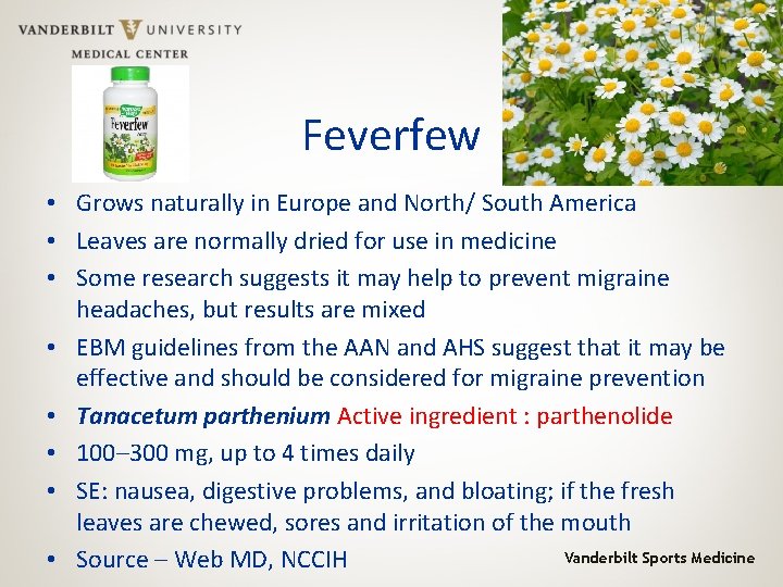 Feverfew • Grows naturally in Europe and North/ South America • Leaves are normally