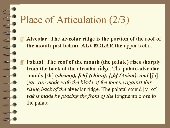 Place of Articulation (2/3) 4 Alveolar: The alveolar ridge is the portion of the