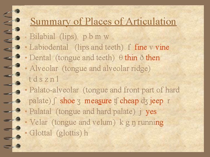 Summary of Places of Articulation Bilabial (lips) p b m w • Labiodental (lips