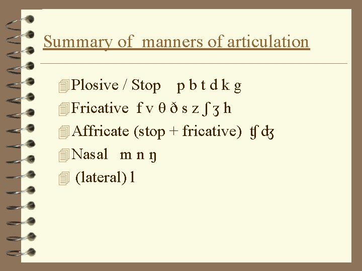 Summary of manners of articulation 4 Plosive / Stop pbtdkg 4 Fricative f v