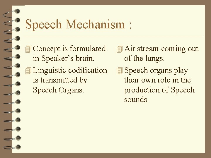 Speech Mechanism : 4 Concept is formulated 4 Air stream coming out in Speaker’s