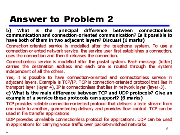 Answer to Problem 2 b) What is the principal difference between connectionless communication and
