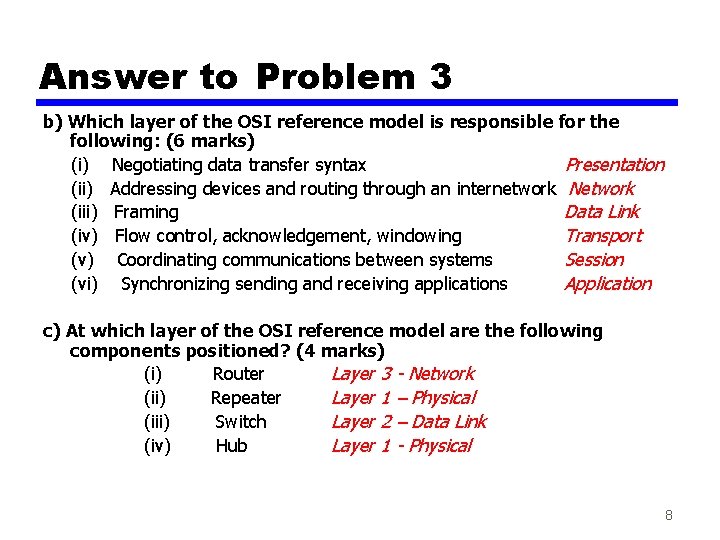 Answer to Problem 3 b) Which layer of the OSI reference model is responsible