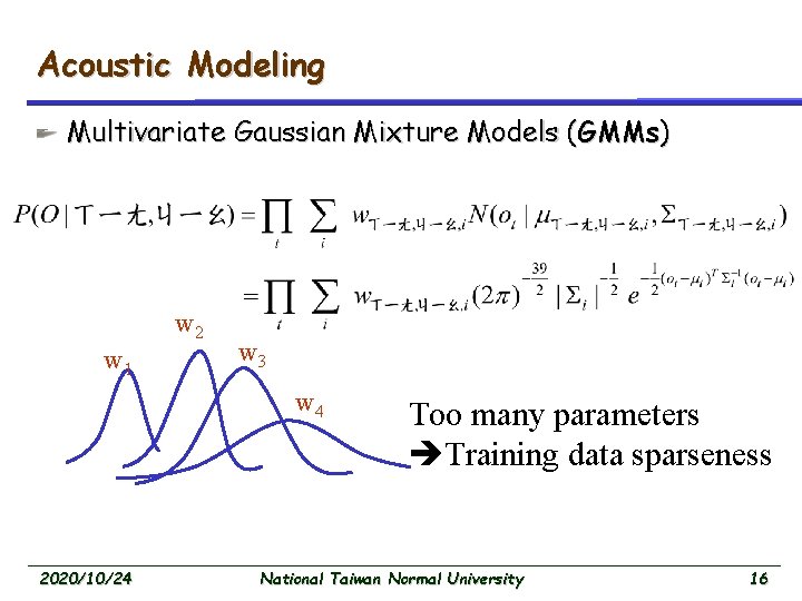 Acoustic Modeling Multivariate Gaussian Mixture Models (GMMs) w 2 w 1 w 3 w