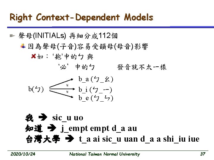 Right Context-Dependent Models 聲母(INITIALs) 再細分成 112個 因為聲母(子音)容易受韻母(母音)影響 如： ‘抱’中的ㄅ 與 ‘必’中的ㄅ 發音就不太一樣 b(ㄅ) b_a