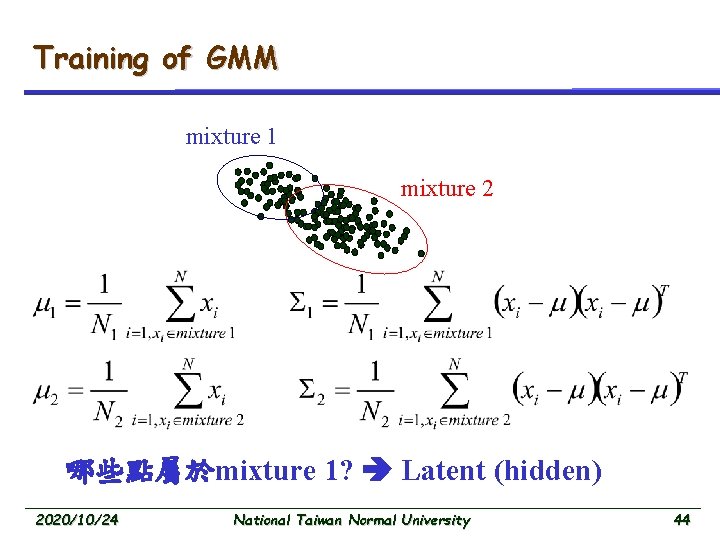 Training of GMM mixture 1 mixture 2 哪些點屬於mixture 1? Latent (hidden) 2020/10/24 National Taiwan