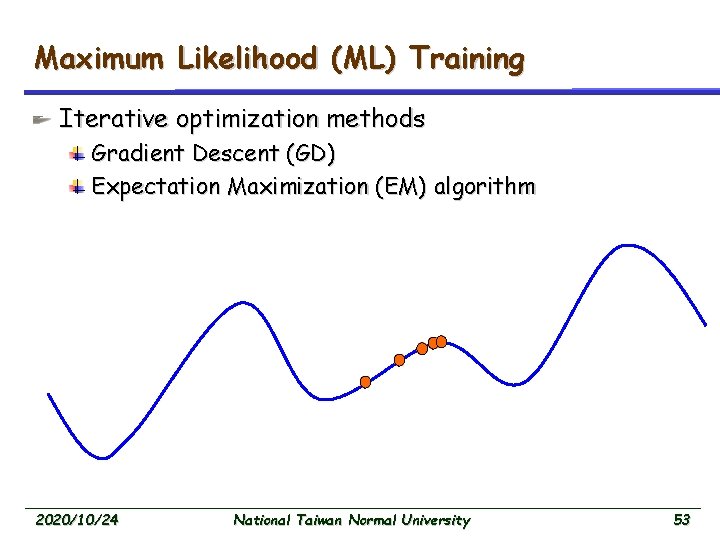Maximum Likelihood (ML) Training Iterative optimization methods Gradient Descent (GD) Expectation Maximization (EM) algorithm