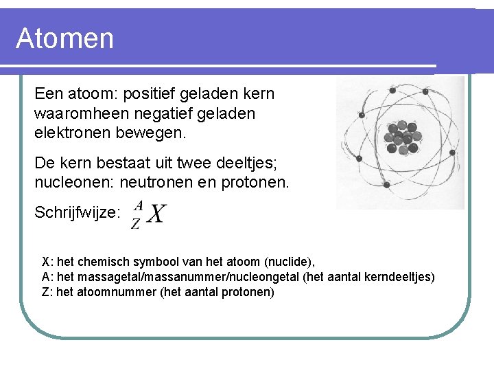 Atomen Een atoom: positief geladen kern waaromheen negatief geladen elektronen bewegen. De kern bestaat