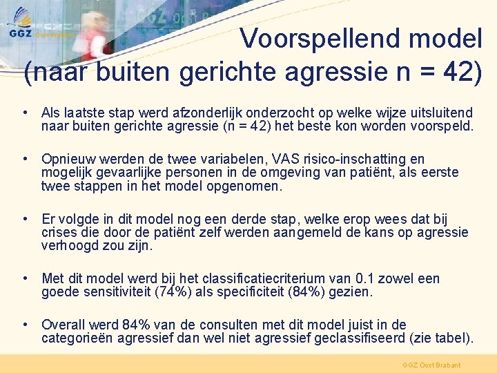 Voorspellend model (naar buiten gerichte agressie n = 42) • Als laatste stap werd