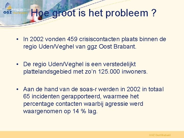 Hoe groot is het probleem ? • In 2002 vonden 459 crisiscontacten plaats binnen