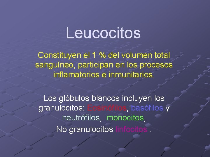 Leucocitos Constituyen el 1 % del volumen total sanguíneo, participan en los procesos inflamatorios Leucocitos Constituyen el 1 % del volumen total sanguíneo, participan en los procesos inflamatorios