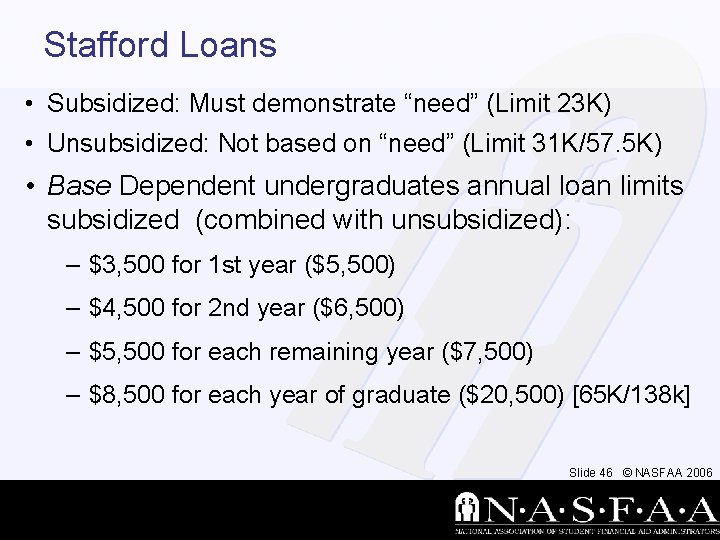 Stafford Loans • Subsidized: Must demonstrate “need” (Limit 23 K) • Unsubsidized: Not based