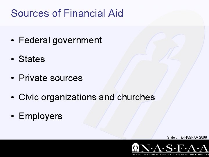 Sources of Financial Aid • Federal government • States • Private sources • Civic