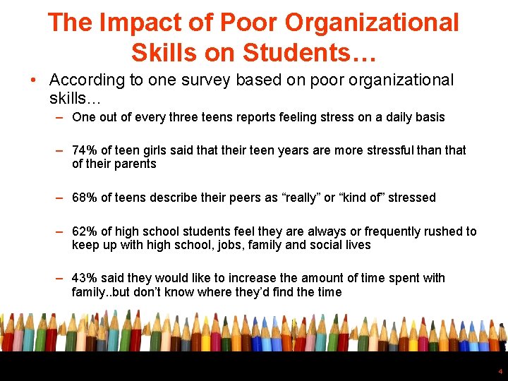 The Impact of Poor Organizational Skills on Students… • According to one survey based