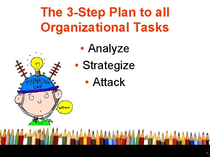 The 3 -Step Plan to all Organizational Tasks • Analyze • Strategize • Attack
