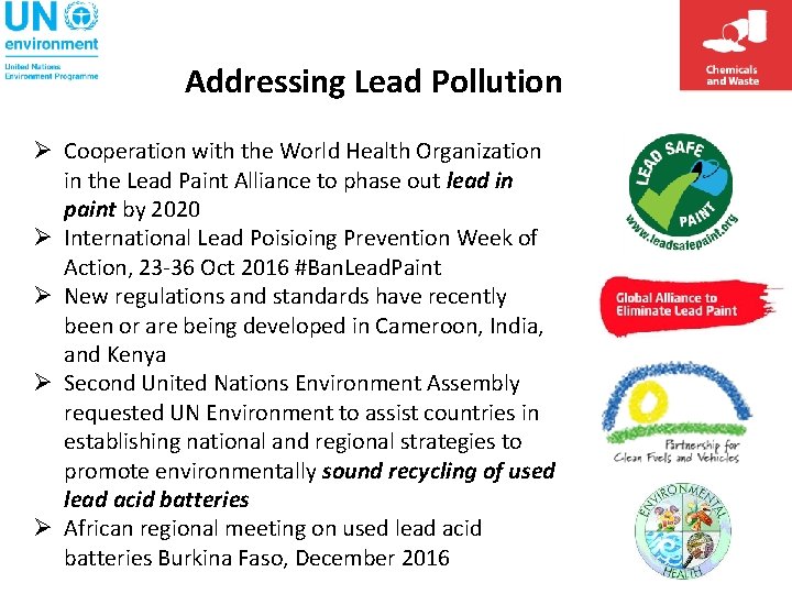 Addressing Lead Pollution Ø Cooperation with the World Health Organization in the Lead Paint