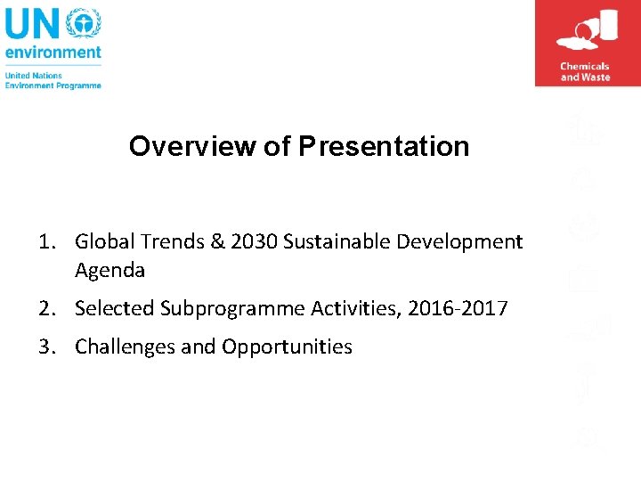 Overview of Presentation 1. Global Trends & 2030 Sustainable Development Agenda 2. Selected Subprogramme