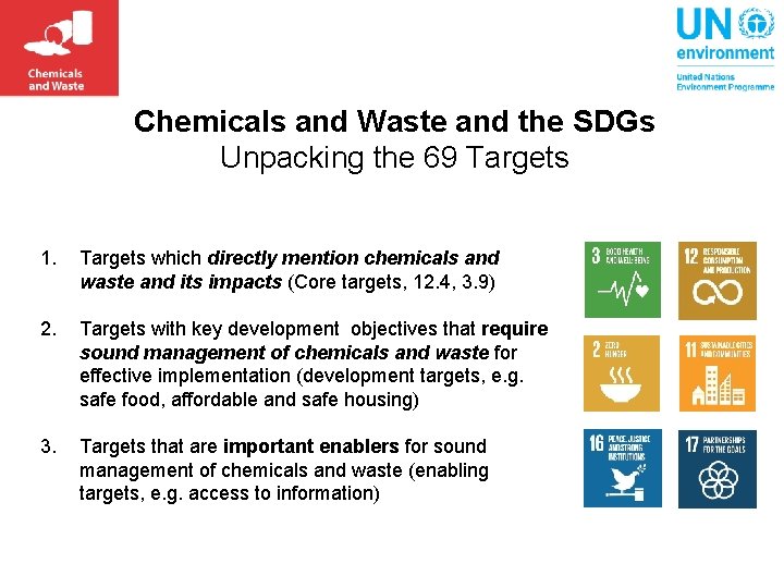 Chemicals and Waste and the SDGs Unpacking the 69 Targets 1. Targets which directly