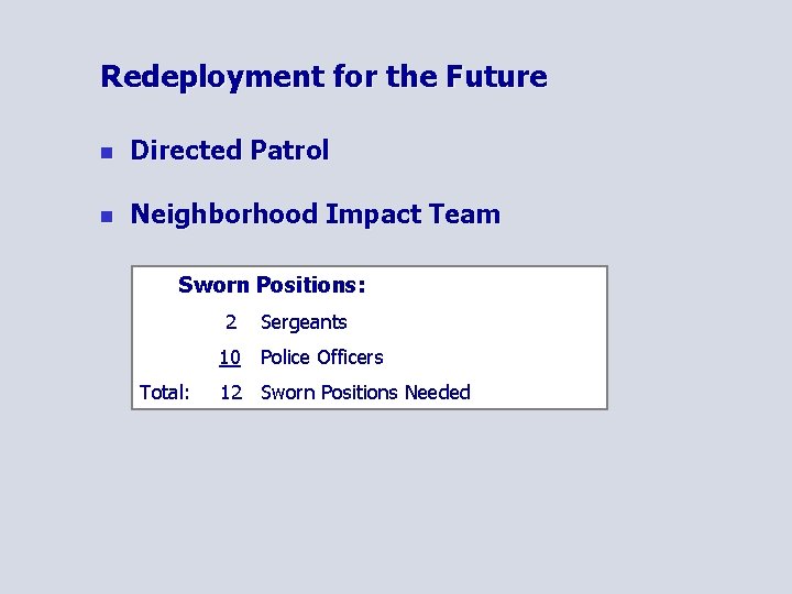 Redeployment for the Future n Directed Patrol n Neighborhood Impact Team Sworn Positions: 2
