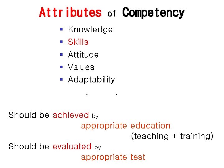 Attributes § § § of Competency Knowledge Skills Attitude Values Adaptability. . Should be