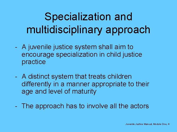 Specialization and multidisciplinary approach - A juvenile justice system shall aim to encourage specialization