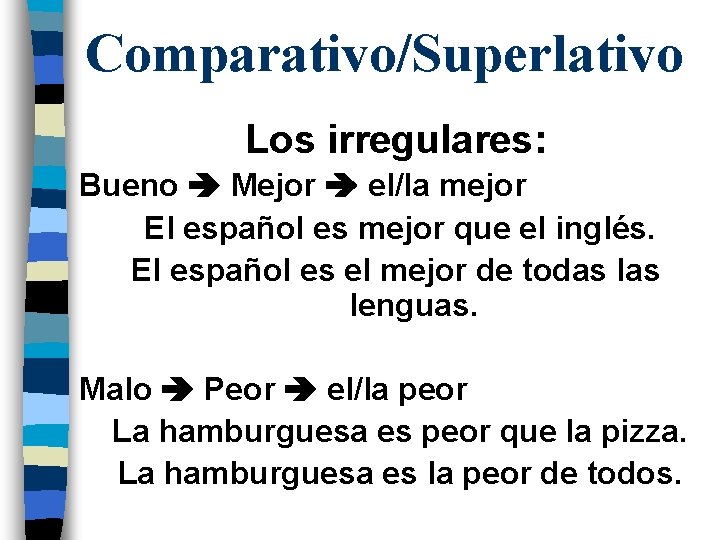 Comparativo/Superlativo Los irregulares: Bueno Mejor el/la mejor El español es mejor que el inglés.