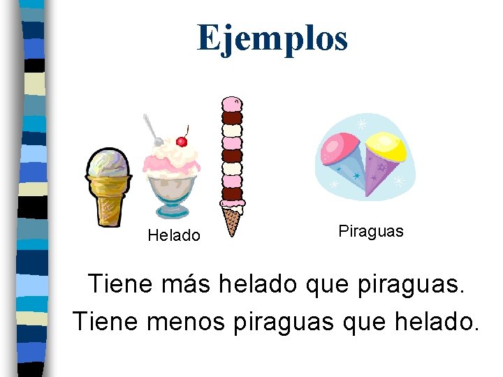 Ejemplos Helado Piraguas Tiene más helado que piraguas. Tiene menos piraguas que helado. 