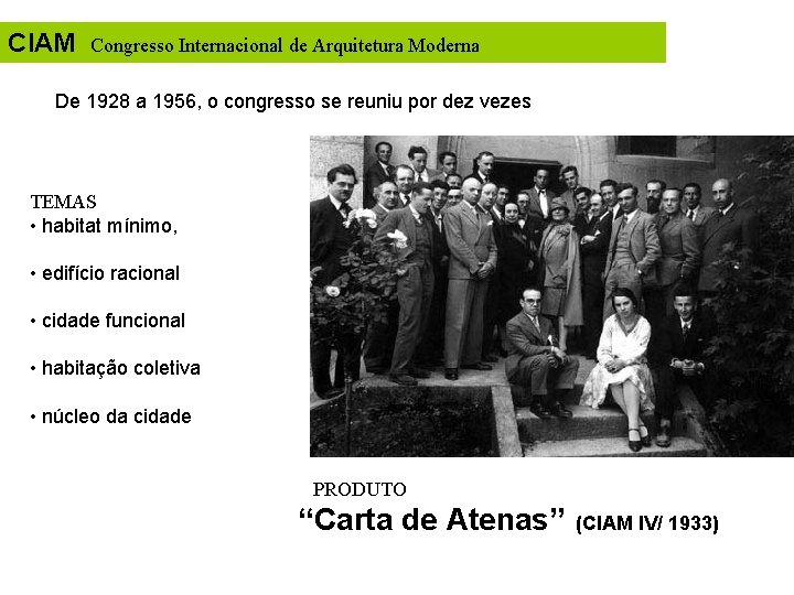 CIAM Congresso Internacional de Arquitetura Moderna De 1928 a 1956, o congresso se reuniu