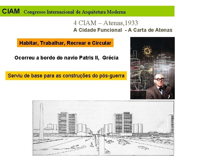 CIAM Congresso Internacional de Arquitetura Moderna 4 CIAM – Atenas, 1933 A Cidade Funcional