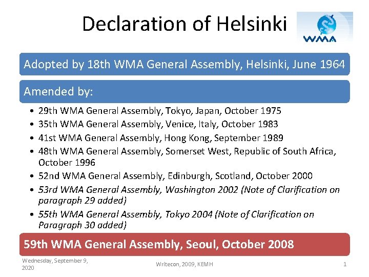 Declaration of Helsinki Adopted by 18 th WMA General Assembly, Helsinki, June 1964 Amended