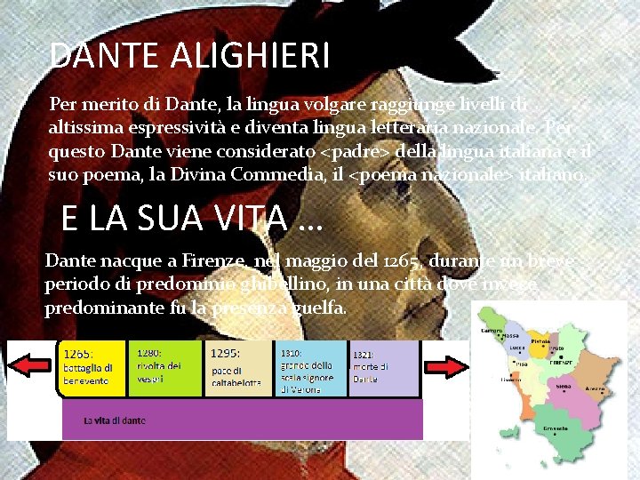 DANTE ALIGHIERI Per merito di Dante, la lingua volgare raggiunge livelli di altissima espressività