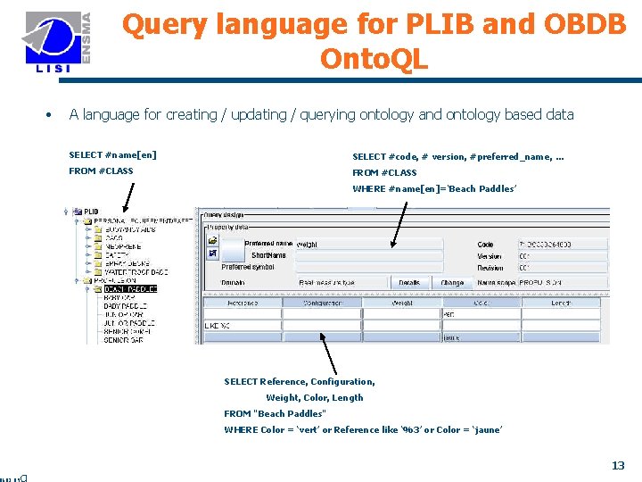 Query language for PLIB and OBDB Onto. QL • A language for creating /
