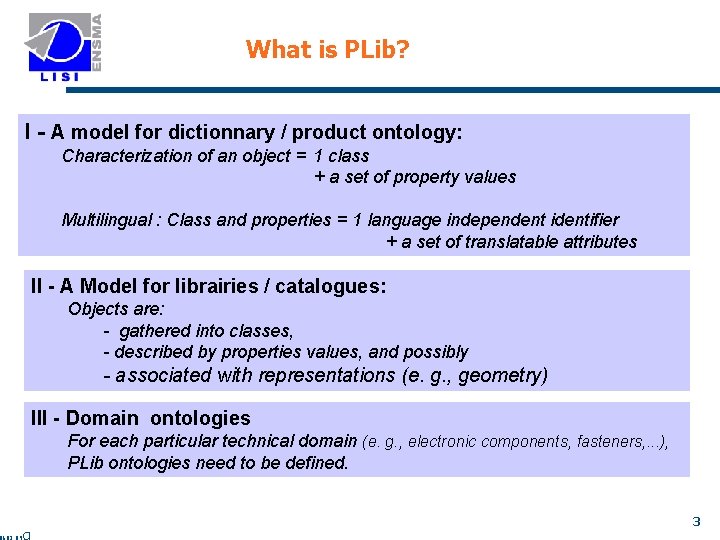 What is PLib? I - A model for dictionnary / product ontology: Characterization of