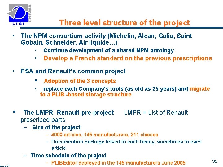 Three level structure of the project • The NPM consortium activity (Michelin, Alcan, Galia,