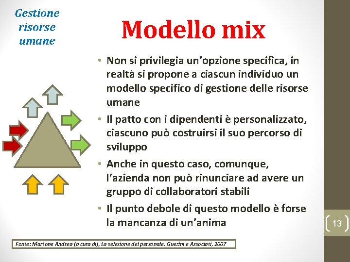 Gestione risorse umane Modello mix • Non si privilegia un’opzione specifica, in realtà si