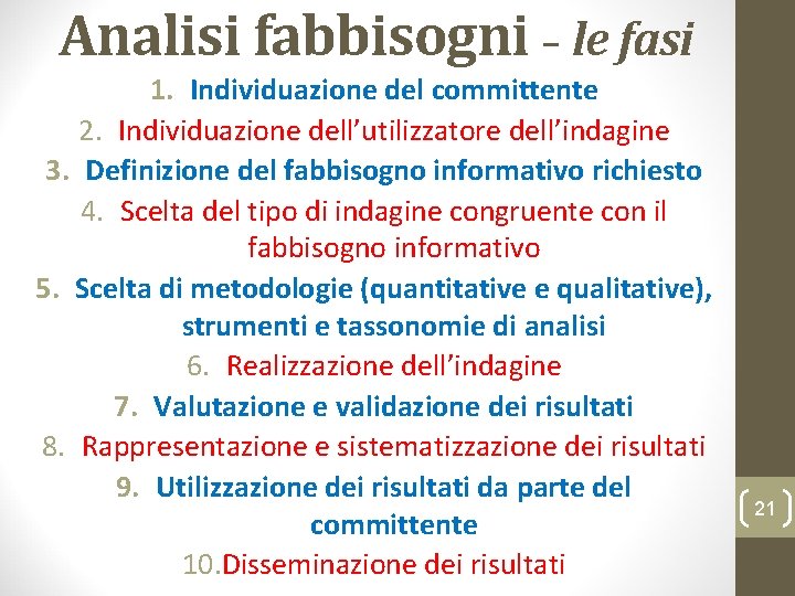 Analisi fabbisogni – le fasi 1. Individuazione del committente 2. Individuazione dell’utilizzatore dell’indagine 3.