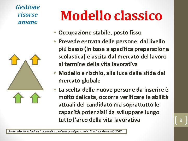 Gestione risorse umane Modello classico • Occupazione stabile, posto fisso • Prevede entrata delle