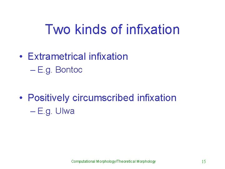 Two kinds of infixation • Extrametrical infixation – E. g. Bontoc • Positively circumscribed