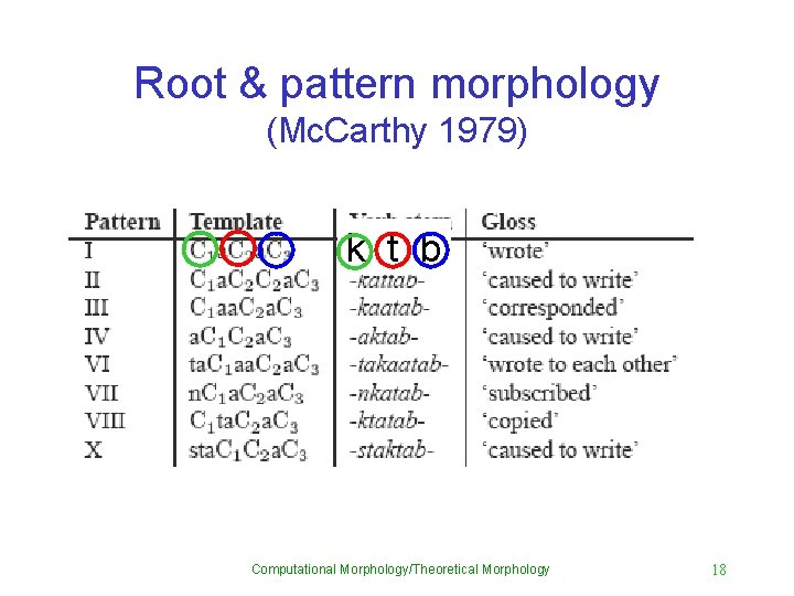 Root & pattern morphology (Mc. Carthy 1979) k t b Computational Morphology/Theoretical Morphology 18