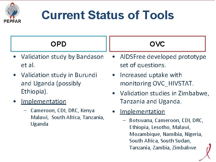 Current Status of Tools OPD • Validation study by Bandason et al. • Validation